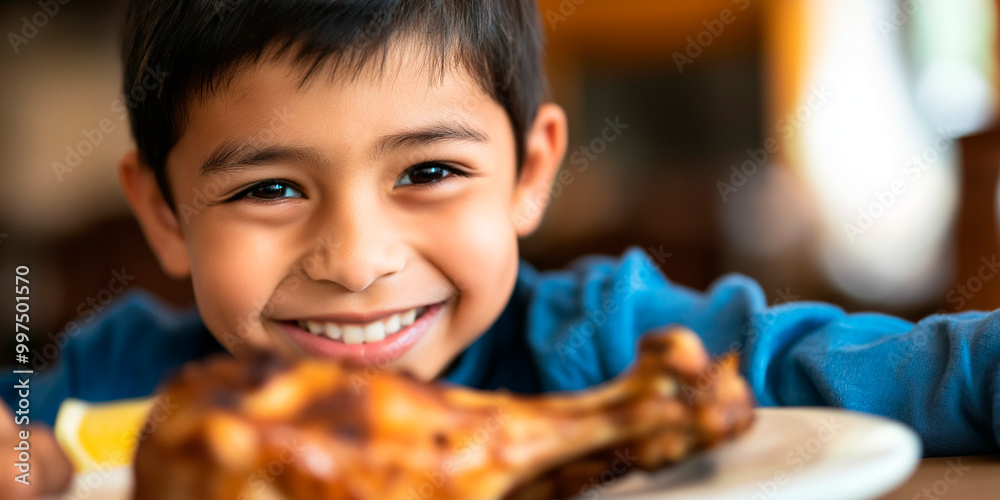 Latin boy happy with his chicken leg to eat Latin boy happy with his chicken leg to eat