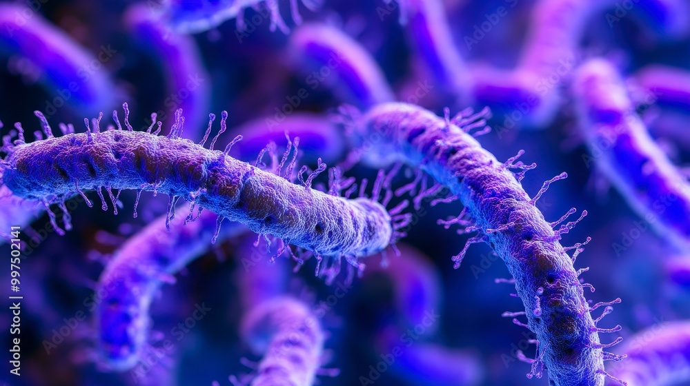 Fototapeta premium Close-up view of bacteria structure under microscope with purple lighting