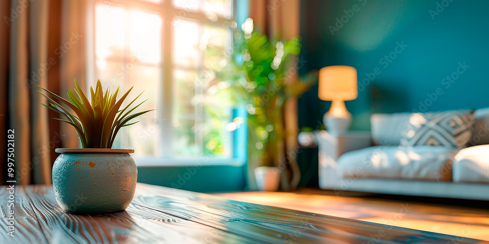Fototapeta premium Wooden table with plant decoration, living room armchair in the background, cozy atmosphere