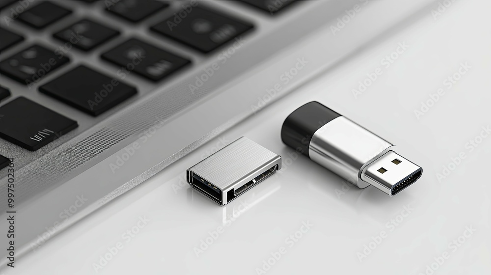 Fototapeta premium Silver USB-C to USB-A Adapter and Laptop Keyboard