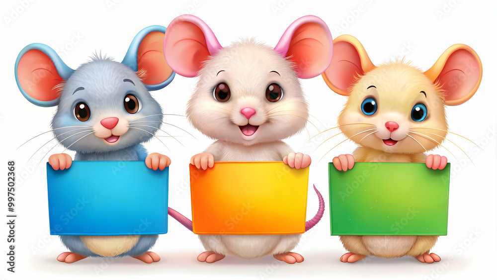 Three cute mice holding a colorful poster, mice, rodents, animals, cute, adorable, teamwork, concept, holding, poster Three cute mice holding a colorful poster, mice, rodents, animals, cute, adorable, teamwork, concept, holding, poster