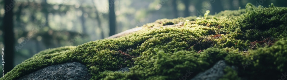 Lush Mossy Rock in Forest, vibrant green moss envelops a textured rock, creating a serene woodland scene filled with intricate details and natural tranquility Lush Mossy Rock in Forest, vibrant green moss envelops a textured rock, creating a serene woodland scene filled with intricate details and natural tranquility