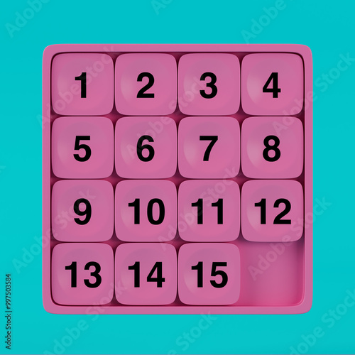 Pink Pocket Sliding Fifteen Rebus Puzzle Game Numbers Chips in Duotone Style. 3d Rendering