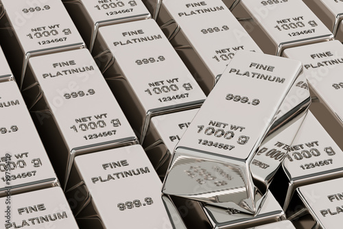 Canvastavla Rows of Fine Platinum Bars with One on Top. 3d Rendering