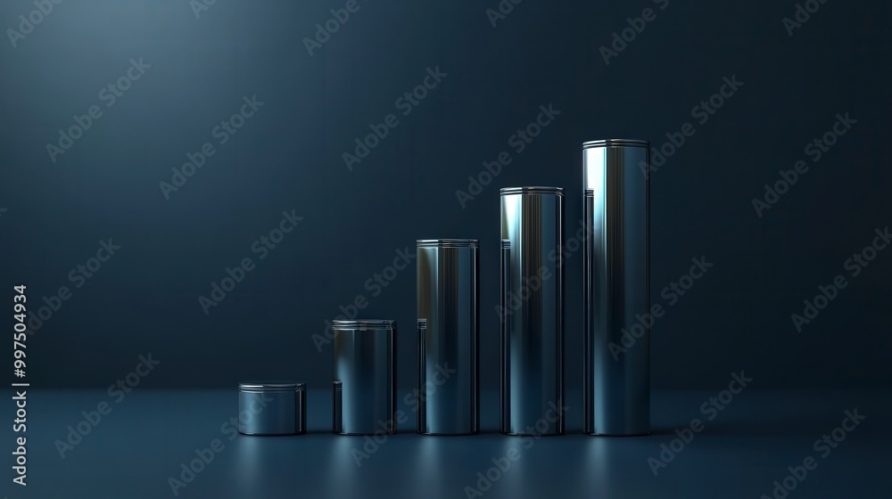 Six cylindrical containers arranged in ascending order on dark background Six cylindrical containers arranged in ascending order on dark background