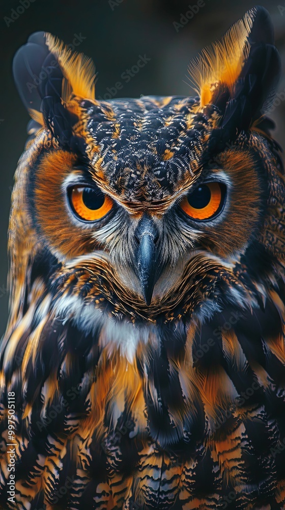 The Owl's Striking Orange Eyes in Close-up. The Owl's Striking Orange Eyes in Close-up.