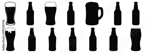 Beer silhouettes set, drink pack of vector silhouette design, isolated background.