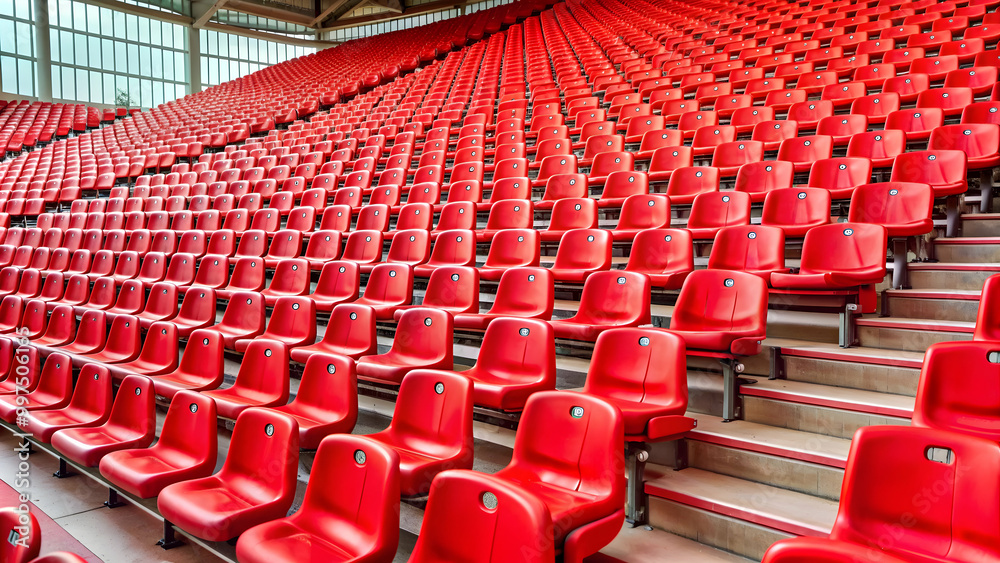 Fototapeta premium Vibrant red stadium seats in empty arena, stadium, seats, red, vibrant, empty, arena, sports, event, seating, rows