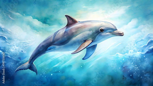 Watercolor painting of a beautifully colored dolphin swimming gracefully in the ocean, watercolor, painting