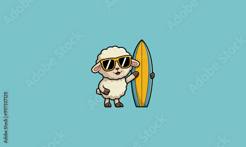 Sheep with sunglasses holding a surfboard ready to ride
