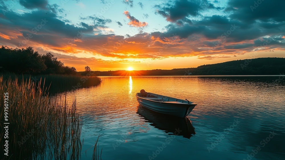 Sunset over a lake with a boat in the middle Sunset over a lake with a boat in the middle