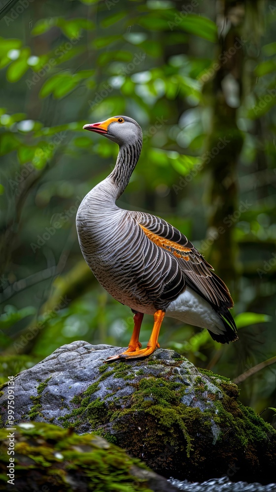Fototapeta premium Goose standing on mossy rock in forest