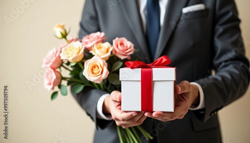 man in suit holding bouquet and gift with red ribbon 