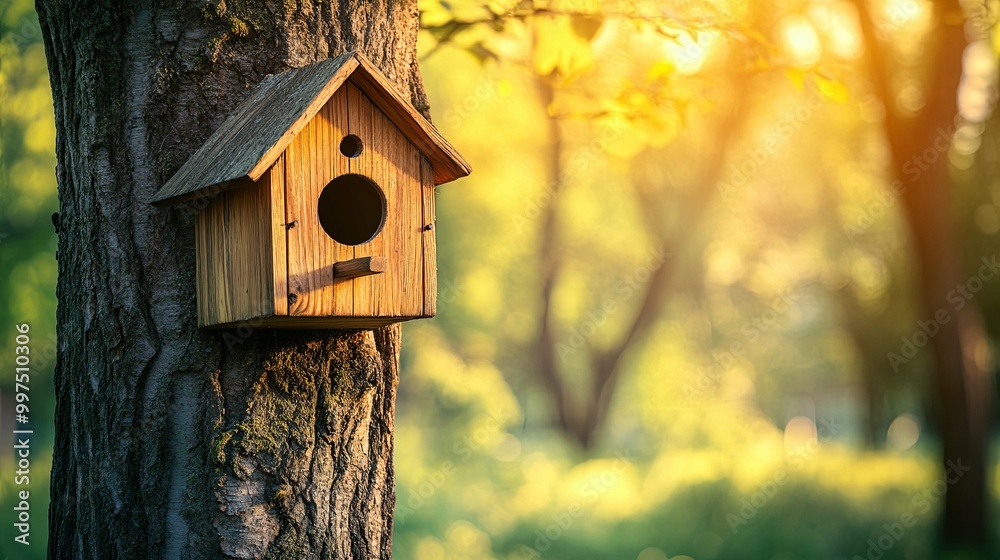 Wooden Birdhouse Attached to a Tree Trunk in a Forest Wooden Birdhouse Attached to a Tree Trunk in a Forest
