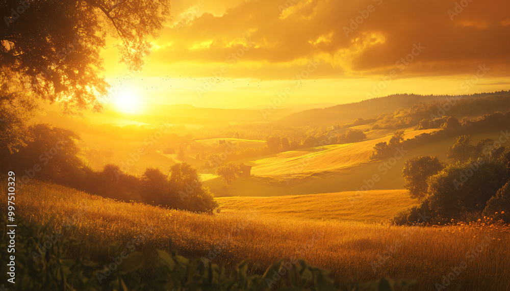 A sun-kissed landscape with warm golden hues over a quiet countryside, radiating tranquility and peace A sun-kissed landscape with warm golden hues over a quiet countryside, radiating tranquility and peace