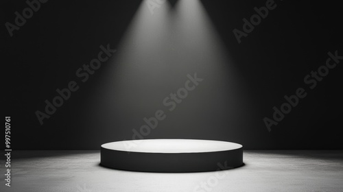 Circular stage with spotlight in a dark environment, isolated background.