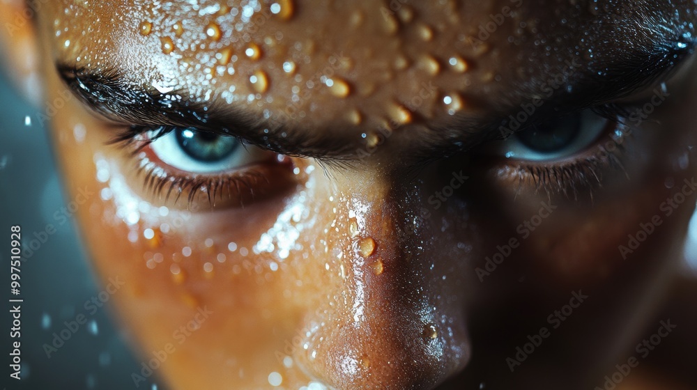 Close-up of a determined person with water droplets on their face, intense gaze. Close-up of a determined person with water droplets on their face, intense gaze.