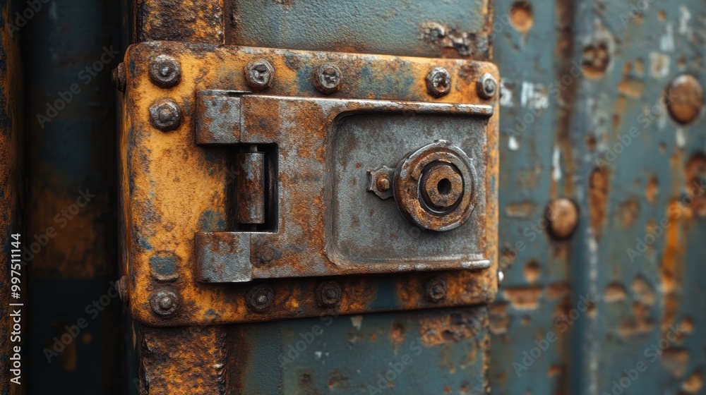 Close-up of a rusty, weathered lock on an industrial door, isolated background. Close-up of a rusty, weathered lock on an industrial door, isolated background.
