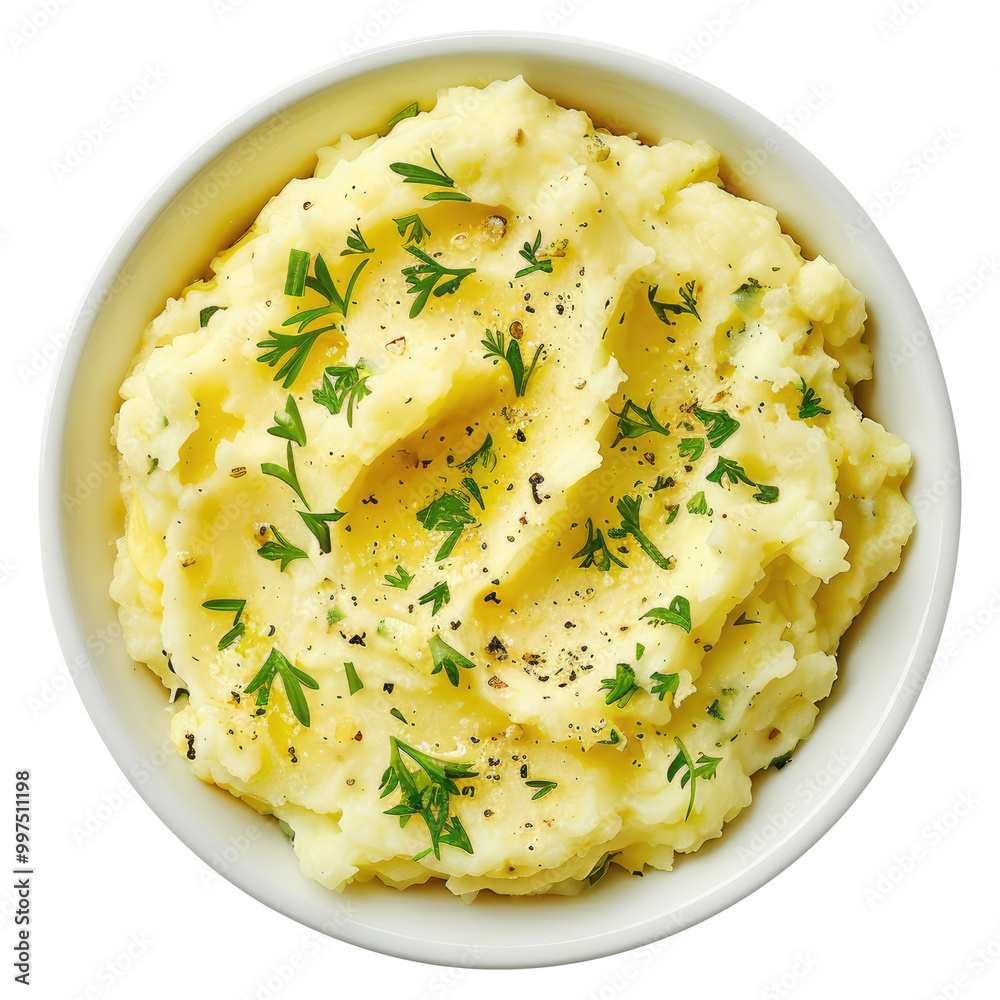 mashed potatoes with parsley in a bowl isolated on transparent white background, clipping path mashed potatoes with parsley in a bowl isolated on transparent white background, clipping path