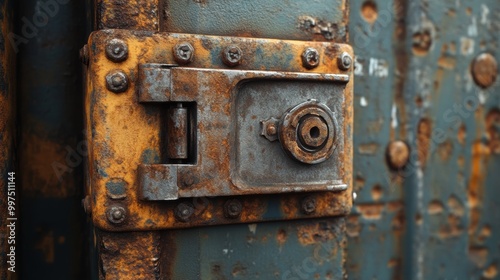 Close-up of a rusty, weathered lock on an industrial door, isolated background.