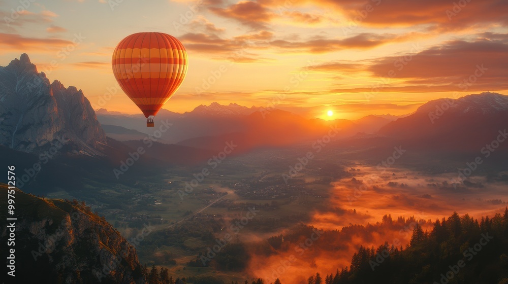 Fototapeta premium Colorful hot air balloon gliding over a scenic mountain landscape at sunset.