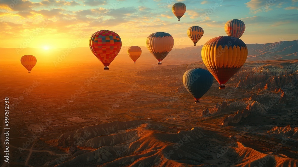 Naklejka premium Colorful hot air balloons soaring above a scenic valley at sunset.