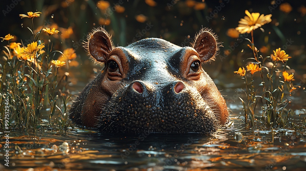 Fototapeta premium A dwarf hippo swimming peacefully in a calm river, with tall grass and wildflowers along the bank
