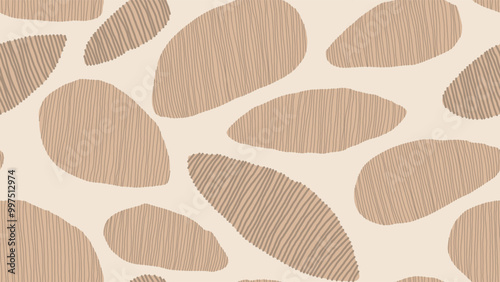 Abstract seamless pattern featuring pebble-like shapes with fine, linear text...