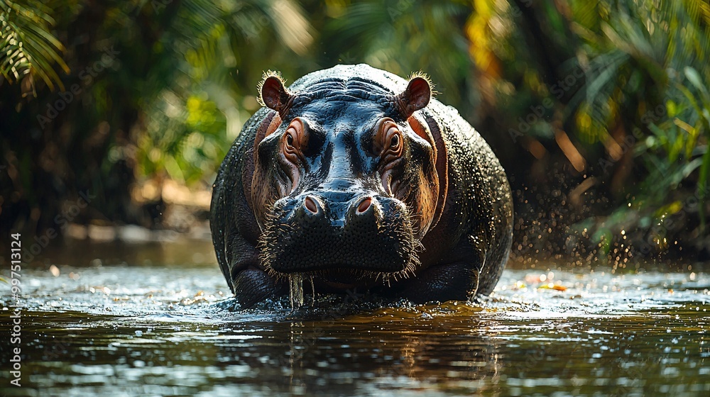Fototapeta premium A dwarf hippo wading through a shallow river, surrounded by lush greenery