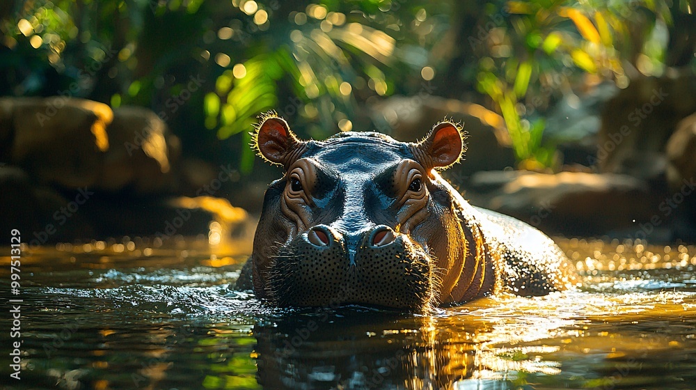 Fototapeta premium A dwarf hippo wading through a shallow river, surrounded by lush greenery