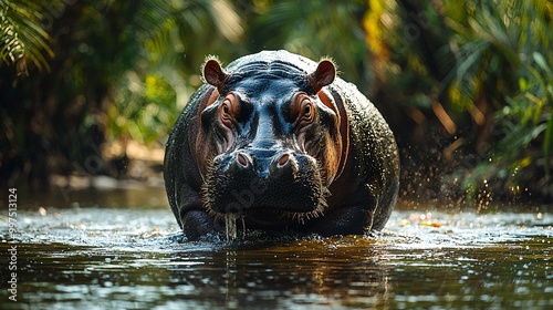 A dwarf hippo wading through a shallow river, surrounded by lush greenery photo