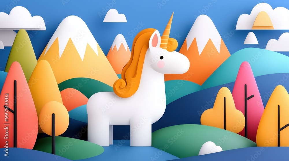 Obraz premium Whimsical Unicorn in Colorful Fantasy Landscape 3D Illustration