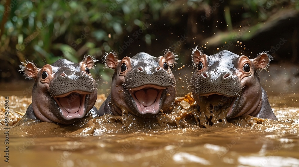 A group of dwarf hippos playing together in a muddy riverbank, splashing mud everywhere A group of dwarf hippos playing together in a muddy riverbank, splashing mud everywhere