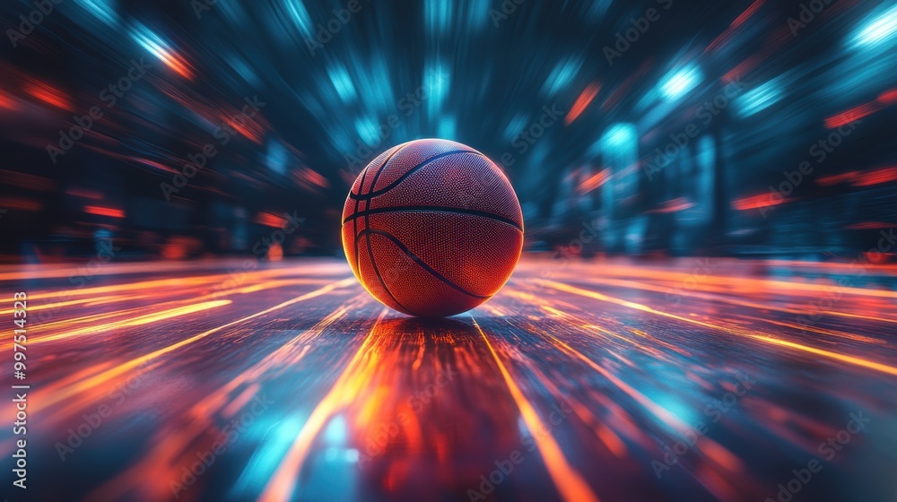 Dynamic basketball in motion on a vibrant court with neon lights. Dynamic basketball in motion on a vibrant court with neon lights.