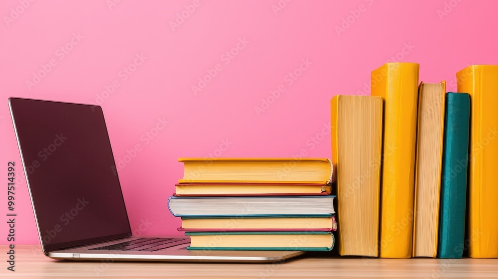 Laptop and Stack of Books on Desk Education Learning Technology Study Laptop and Stack of Books on Desk Education Learning Technology Study