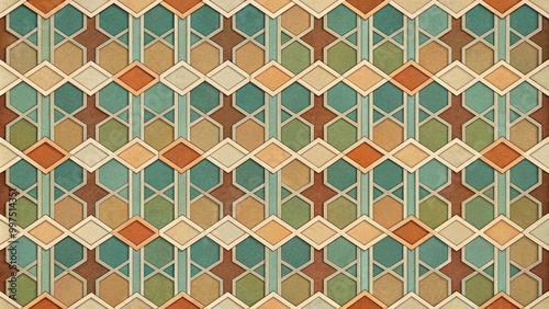 Geometric Abstract Seamless Pattern with Interlocking Hexagon and Diamond Shapes in Earthy Tones