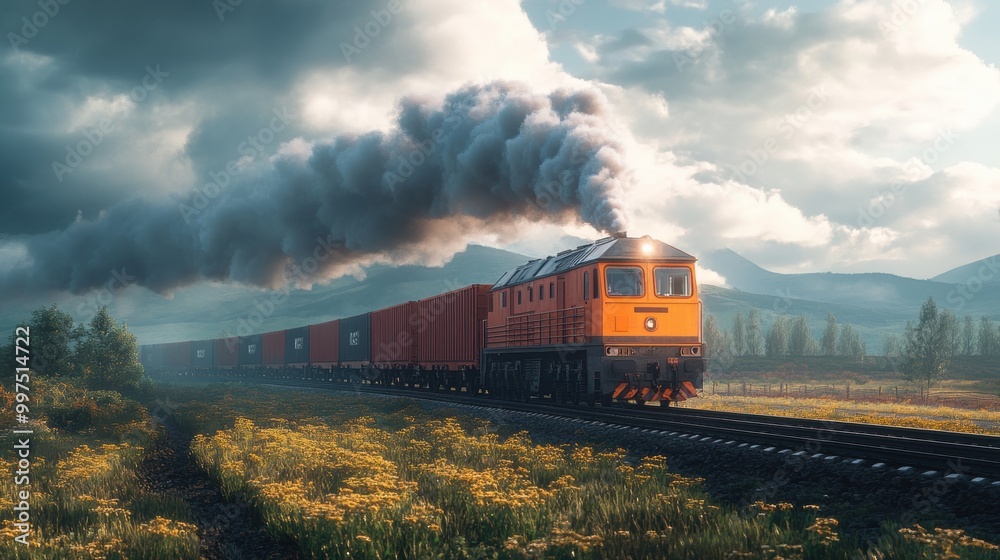 Fototapeta premium Freight train moving through a scenic landscape with smoke and mountains in the background.