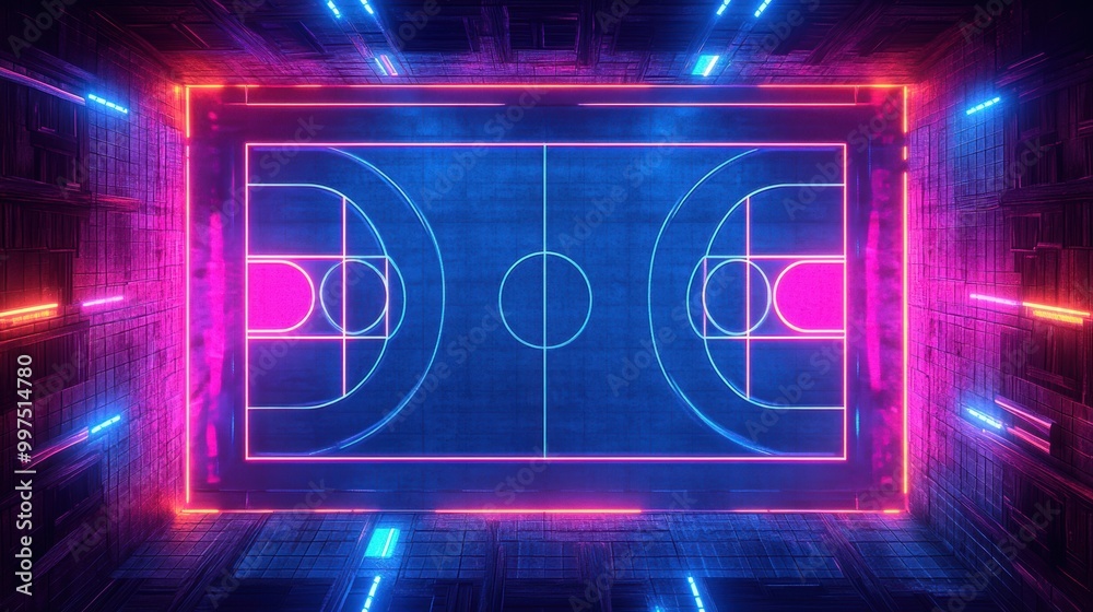 Futuristic basketball court with neon lights in vibrant blue and pink colors. Futuristic basketball court with neon lights in vibrant blue and pink colors.