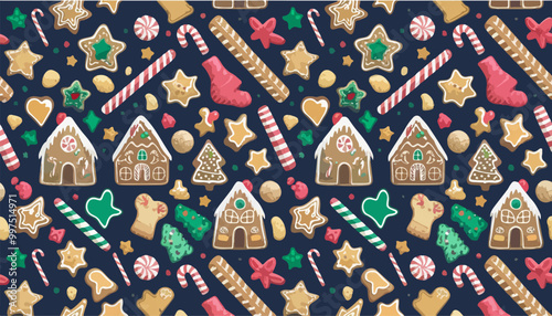Harmonious pattern of gingerbread houses and cookies