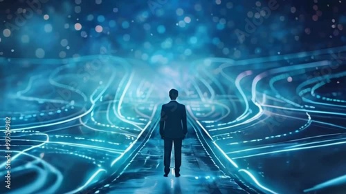 confused businessman thinking make decision on multiple route ahead, futuristic technology. make decision for career path or business growth concept