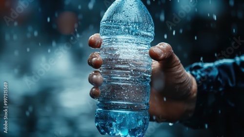 Hand holding a water bottle in the rain, droplets splashing around.