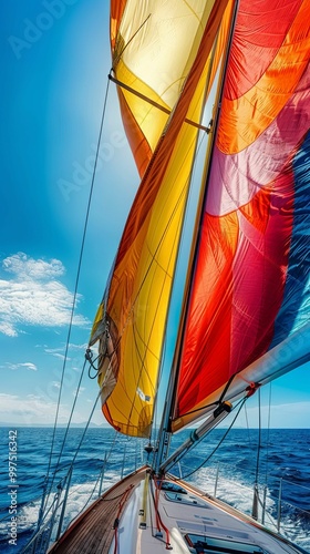 Vibrant Sailboat with Colorful Sails on Open Sea