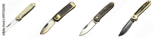 Set of classic pocket knives on white isolate background and transparent background