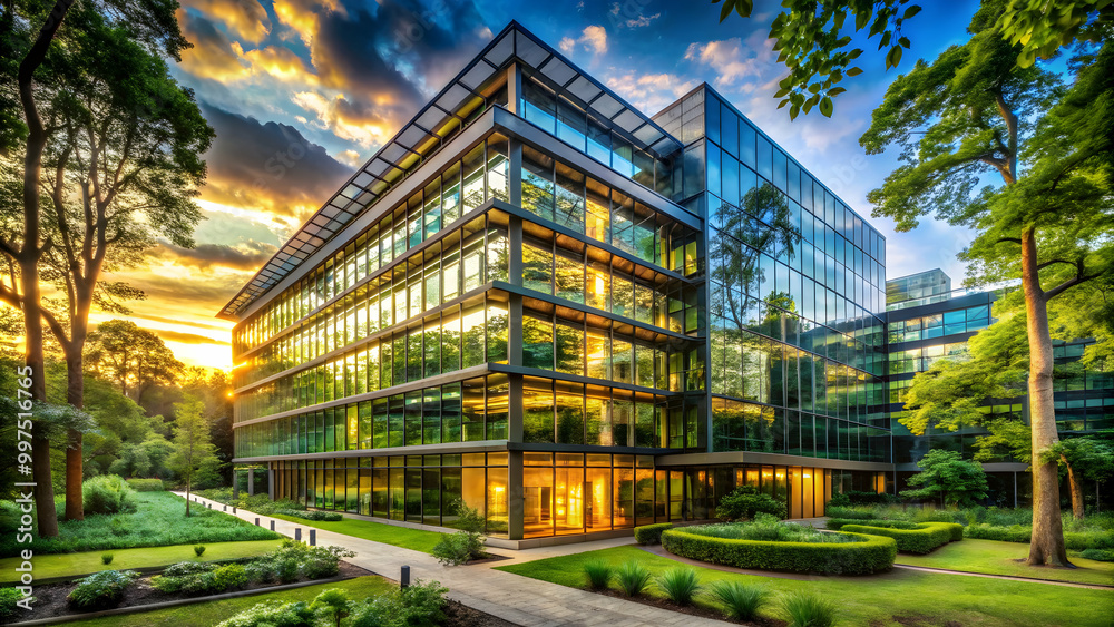 Sunset hues bathe a contemporary glass building in a warm glow, highlighting its sleek architecture amidst nature.” Sunset hues bathe a contemporary glass building in a warm glow, highlighting its sleek architecture amidst nature.”