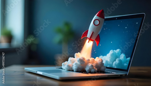 Red and White Toy Rocket Launching from a Laptop