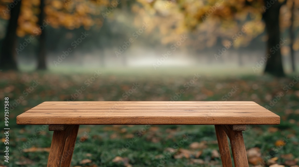 Wooden Table in Foggy Autumn Park Product Display Mockup Wooden Table in Foggy Autumn Park Product Display Mockup