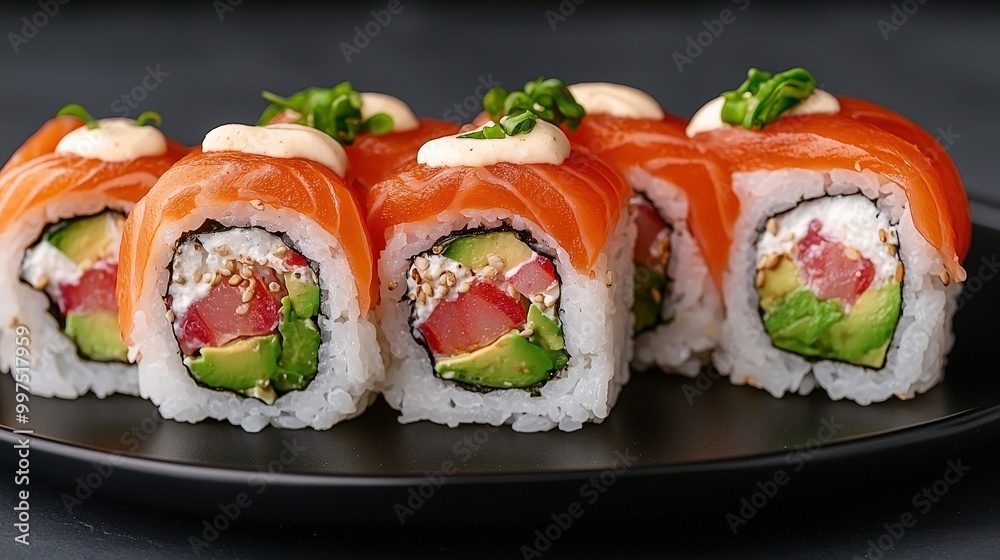 Delicious Salmon Sushi Rolls with Avocado and Cream Cheese on Black Plate Delicious Salmon Sushi Rolls with Avocado and Cream Cheese on Black Plate