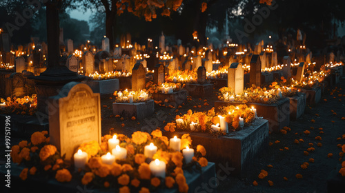 Day of the Dead cemetery with candlelit tombstones photo