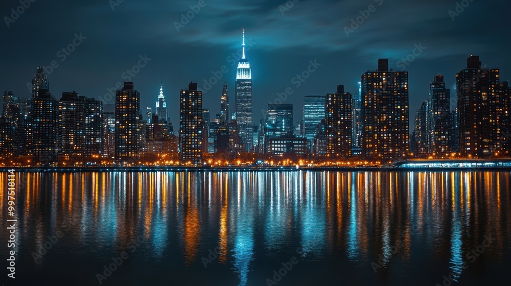 Fototapeta premium Night city skyline with reflections, vibrant lights, and skyscrapers along the water.