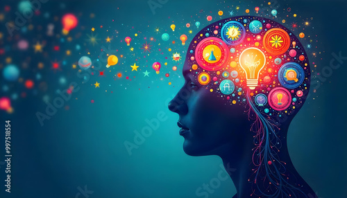 A Profile of a Person with a Bright Light Bulb Inside Their Head Surrounded by Colorful Shapes and Objects